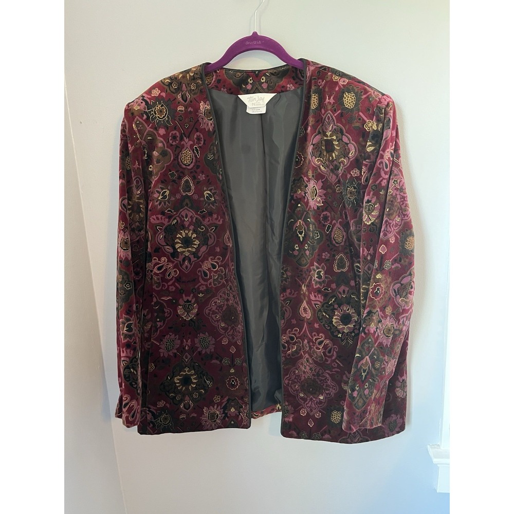 TAN JAY, VINTAGE OPEN BLEZER JACKET 20W MULTICOLOR FLORAL VELVET LINED POCKET